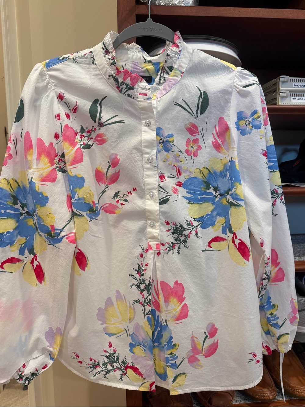 Worn once-perfect! Talbots White Floral Blouse with Pink, Blue & Yellow Accents